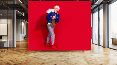 Full body portrait of pretty aged lady presents sack walk look empty space new year xmas isolated on vibrant red color background Wall mural