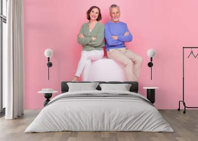 Full body portrait of two cheerful aged people sit podium crossed hands isolated on pink color background Wall mural