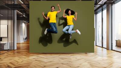 Full body portrait of two nice people raise fists jump wear t-shirt isolated on khaki color background Wall mural