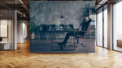 Full body profile photo of handsome chief business guy relaxing toothy smiling hands behind head looking up wear black blazer shirt pants tie suit sit big chair office indoors Wall mural