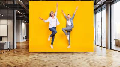 Full length body size photo mother and daughter happy cheerful in stylish outfits isolated vivid yellow color background Wall mural