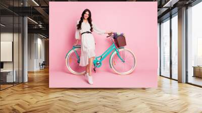 Full length body size photo of pretty girl standing with blue bicycle on holidays isolated on pastel pink color background Wall mural