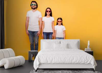 Full length body size portrait of nice-looking attractive charming cheerful people wearing colorful 3d modern eyewear hierarchy order isolated over shine vivid pastel yellow background Wall mural