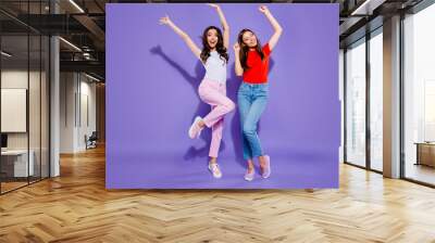 full length body size portrait of two crazy nice girlish childis Wall mural