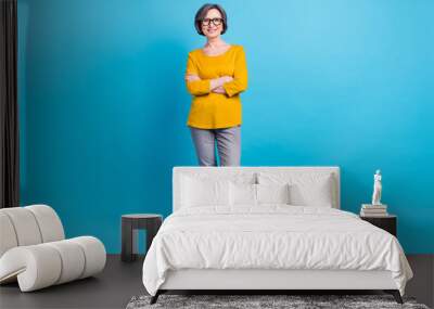 Full length body size view of attractive cheerful content woman posing folded arms isolated over vivid blue color background Wall mural