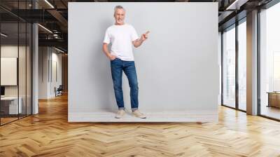 Full length body size view of attractive cheery gray haired man demonstrating copy space isolated over concrete grey color wall background Wall mural