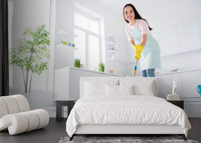 Full length body size view of her she nice attractive cheerful cheery hardworking girl making fast domestic work wiping perfect ceramic floor in modern light white interior kitchen indoors Wall mural