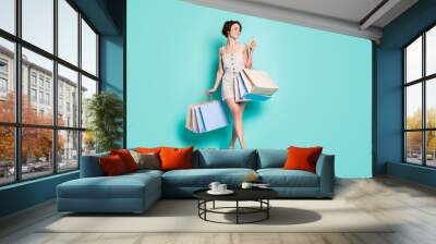 Full length body size view of her she nice attractive pretty cheerful cheery girl carrying new brandy things bag clothes using cell isolated on bright vivid shine vibrant blue color background Wall mural