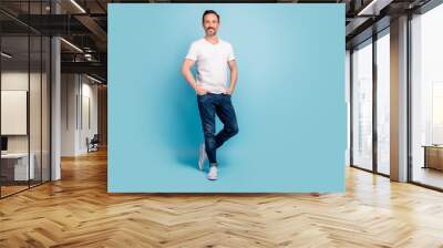 Full length body size view of his he nice attractive cheerful cheery mature content guy posing holding hands in pocket isolated on bright vivid shine vibrant teal green blue turquoise color background Wall mural