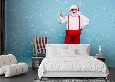 full length body size view of his he nice confident cheerful glad excited fat bearded santa drinking Wall mural