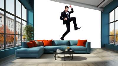 Full length body size view portrait of his he nice attractive crazy cheerful guy executive top manager financier banker career growth experience skills isolated on light gray background Wall mural