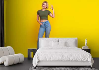 Full length photo of cheerful satisfied girl dressed khaki t-shirt jeans arm in pocket show okey isolated on yellow color background Wall mural