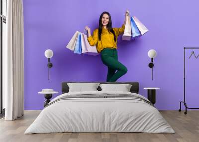 Full length photo of crazy positive person hands hold bags packages isolated on violet color background Wall mural