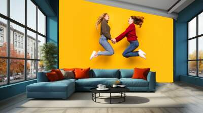 Full length photo of cute ladies jumping high hold arms wear knitted sweaters isolated yellow background Wall mural