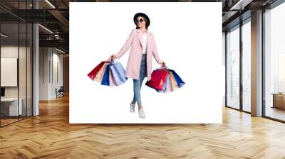 Full length photo of lovely content girl on holiday buy presents for friends wear retro topcoat eyewear eyeglasses denim jeans isolated over pink background Wall mural