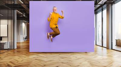 Full length photo of mature man jump fists hands rejoice victory triumph isolated over purple color background Wall mural