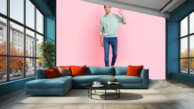 Full length photo of satisfied man dressed grey denim clothes raise arm say hi rejoice meet close friend isolated on pink color background Wall mural