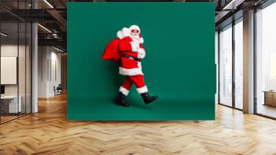 Full length profile photo of retired postman grandpa white beard walking bearing bag presents wear red santa x-mas costume coat gloves sunglass headwear isolated green color background Wall mural