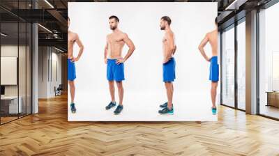 Full size fullbody different side collage of attractive, athletic, sportive, strong, , harsh, virile man holding hands on waist, having modern hairstyle, look, isolated on white background Wall mural