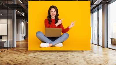 Full size photo girl promoter sit floor legs crossed work remote point index finger copyspace present ads promo wear red sweater jumper denim jeans isolated bright shine color background Wall mural