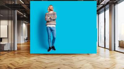 Full size photo of nice young man folded arms empty space wear pullover isolated on teal color background Wall mural