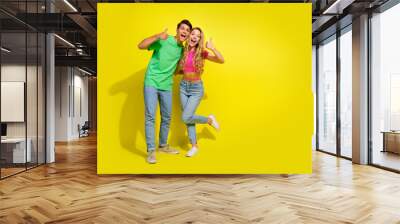 Full size photo of two nice young people thumb up empty space isolated on bright yellow color background Wall mural