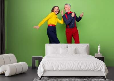 Full size portrait of two positive excited persons enjoy free time disco isolated on green color background Wall mural