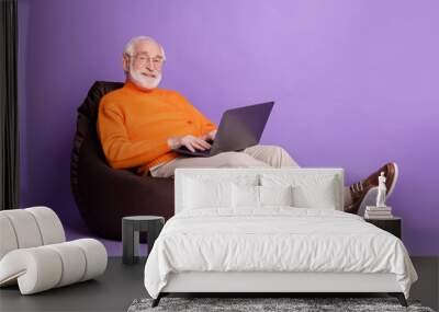 Full size profile photo of aged man sitting big soft chair use laptop isolated on violet color background Wall mural