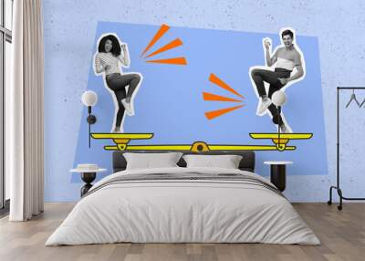 Gender equality win concept collage of two people lady guy weighing scales isolated on painted color background Wall mural