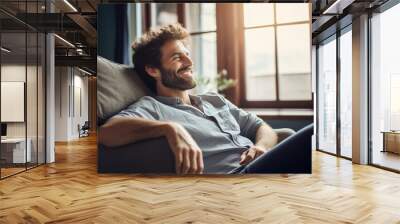 Generative ai collage of happy guy rest relax on chair in comfort house living room dreaming window Wall mural