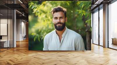 Generative ai collage portrait of happy positive guy relax in green garden look in camera Wall mural