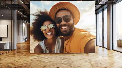 Generative AI image of funny couple traveling together in beautiful nature enjoying summer autumn season and taking selfies Wall mural