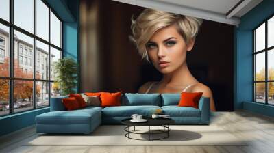 Generative AI picture portrait of young beautiful woman with short haircut styling Wall mural