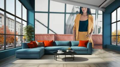 Gorgeous executive manager girl start work as freelancer in home house like office feel calm strict serious wear formal wear luxurious outfit indoors Wall mural