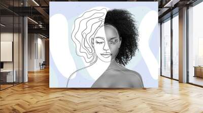 Hand drawn template collage of futuristic lady with closed eye transforming from picture to real realistic woman Wall mural