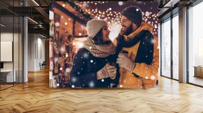 Having fun together at a christmas fairy with snowfall. Young cheerful couple is having a walk with hot drinks, enjoying, dressed warm, looking at each other and laugh, snowflakes all around Wall mural