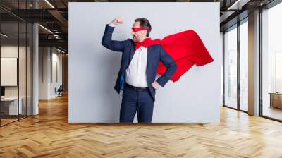 I am best. Photo of confident courage professional mature business man super hero costume character show biceps arrogant wear blue suit red face mask cloak isolated grey background Wall mural