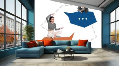 Image collage artwork of happy two people using modern device communicate on distance isolated on drawing background Wall mural