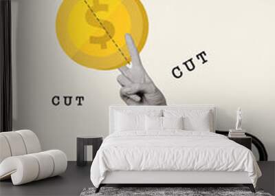 Image picture minimal collage illustration scissors cutting two pieces golden coin isolated on drawing white color background Wall mural