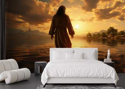 Jesus Christ walking on water on the sea of Galilee generative ai Wall mural