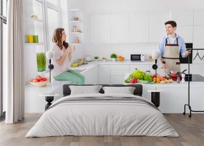 Loving dream harmony family concept. Full length photo of couple enjoy hobby cooking man fry roast meat dinner beef woman sit drink coffee tea cup tell talk say speak in kitchen house indoors Wall mural