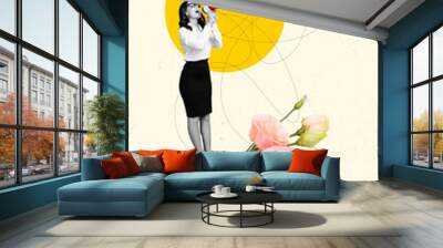 Mini size picture lady screaming important office corporate information announce spring vacation weekend days off company surprise Wall mural