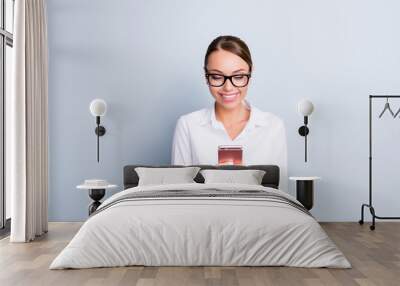 Modern technology addiction rest relax break pause leisure secretary classic lifestyle person concept. Portrait of excited satisfied lovely cute lady using telephone in hands isolated gray background Wall mural