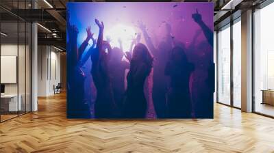 Nice attractive stylish cheerful cheery positive carefree guys ladies having fun hanging out best summer year student festive in new cool bar modern place indoors Wall mural