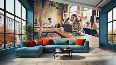 Nice confident experienced professional people financier agent broker insurance consulting agency at modern industrial loft brick open space style interior workplace workstation Wall mural