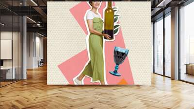 Photo banner billboard template collage of young woman holding glass bottle alcohol wine bar occasion party isolated on beige background Wall mural