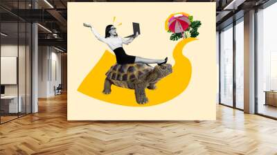 Photo cartoon comics sketch collage picture of excited funny lady finish work riding turtle vacation isolated creative background Wall mural