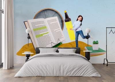 Photo cartoon comics sketch picture of happy smiling little kid child highlighting important book paragraphs isolated drawing background Wall mural