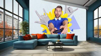 Photo collage artwork minimal picture of impressed funky guy enjoying playstation game isolated drawing background Wall mural