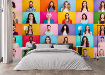 Photo collage of cheerful excited glad optimistic crowd of different human have toothy beaming smile wear casual clothes isolated over bright multicolored background Wall mural